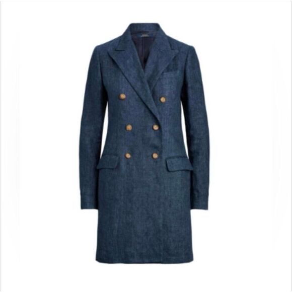 Polo Ralph Lauren Double- Breasted Linen Navy Chambray Long Blazer Coat Lightwei - Picture 1 of 10